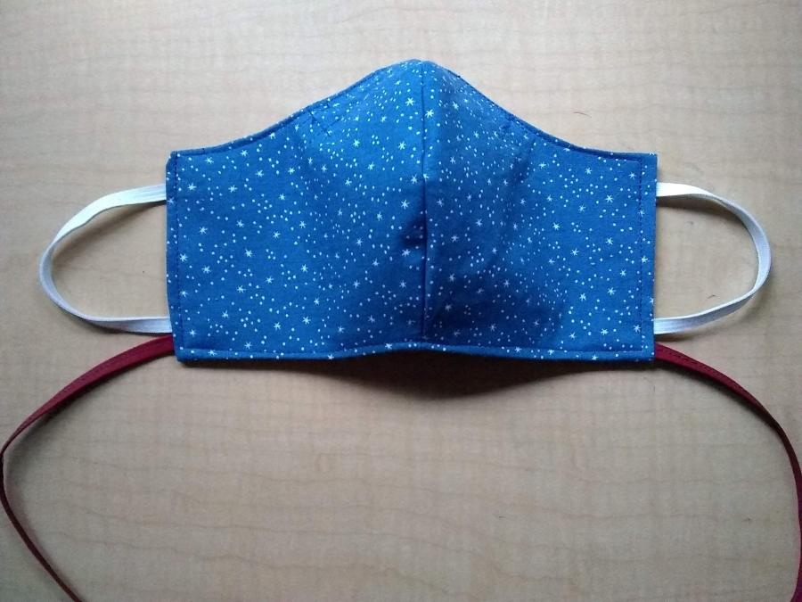 fitted mask in blue star print with elastic ear loops and cloth neck cord (red)