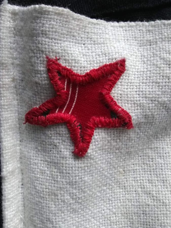 closeup of a red star sewn down with buttonhole stitch on white background