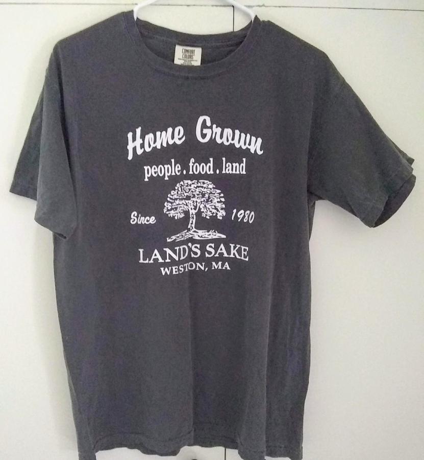 Dark Gray T-shirt with a text heavy logo for Land's Sake Farm on it