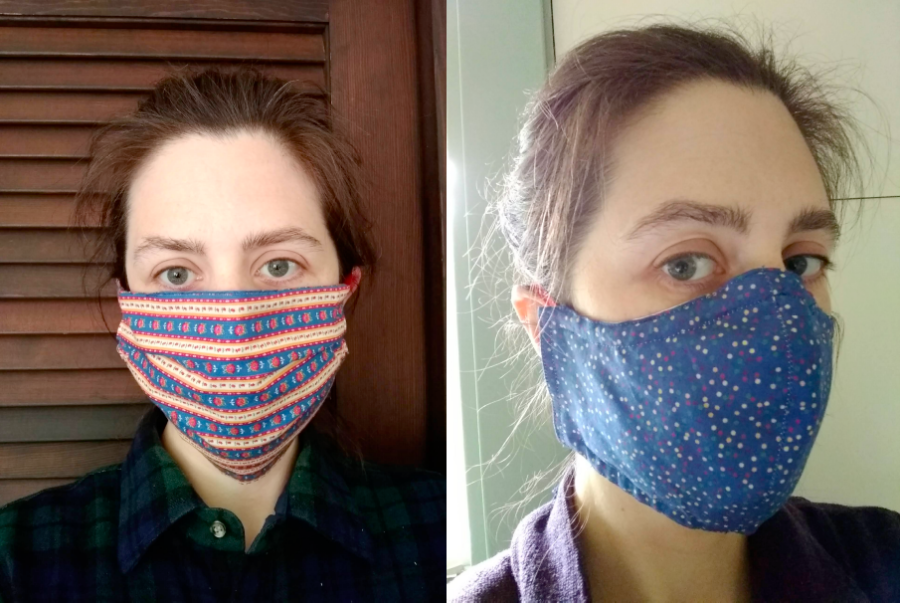 two pictures of woman wearing facemask: pleated mask on left, fitted masks on right