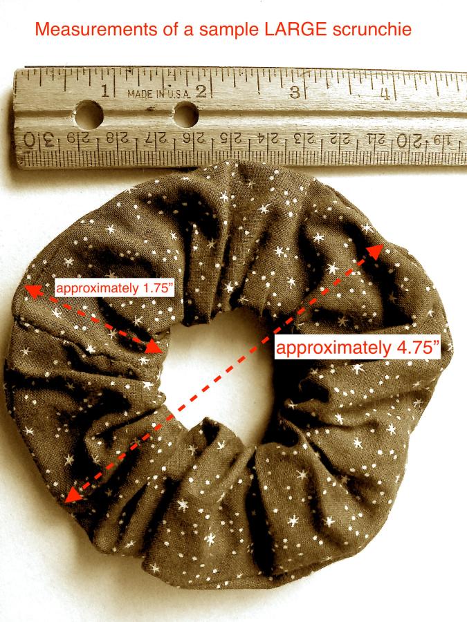 sepia colored large scrunchie with annotations to show dimensions (4.75" diameter, 1.75" thickness)