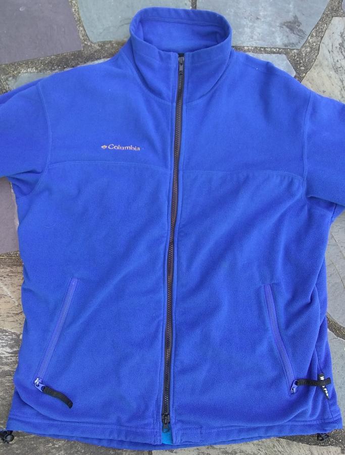 blue fleece jacket, zipped up